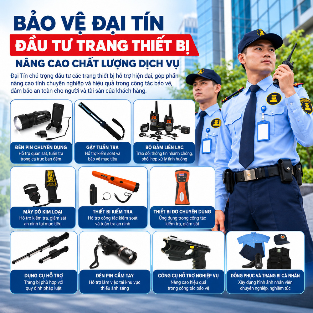 Bảo vệ Đại Tín đầu tư đầy đủ trang thiết bị hỗ trợ bảo vệ thực hiện tốt nhiệm vụ